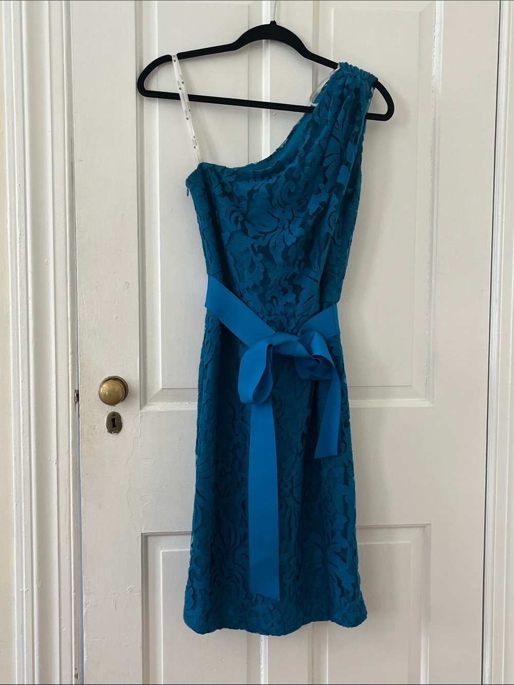 Tadashi Shoji Teal One-Shoulder Floral Lace Dress with Bow